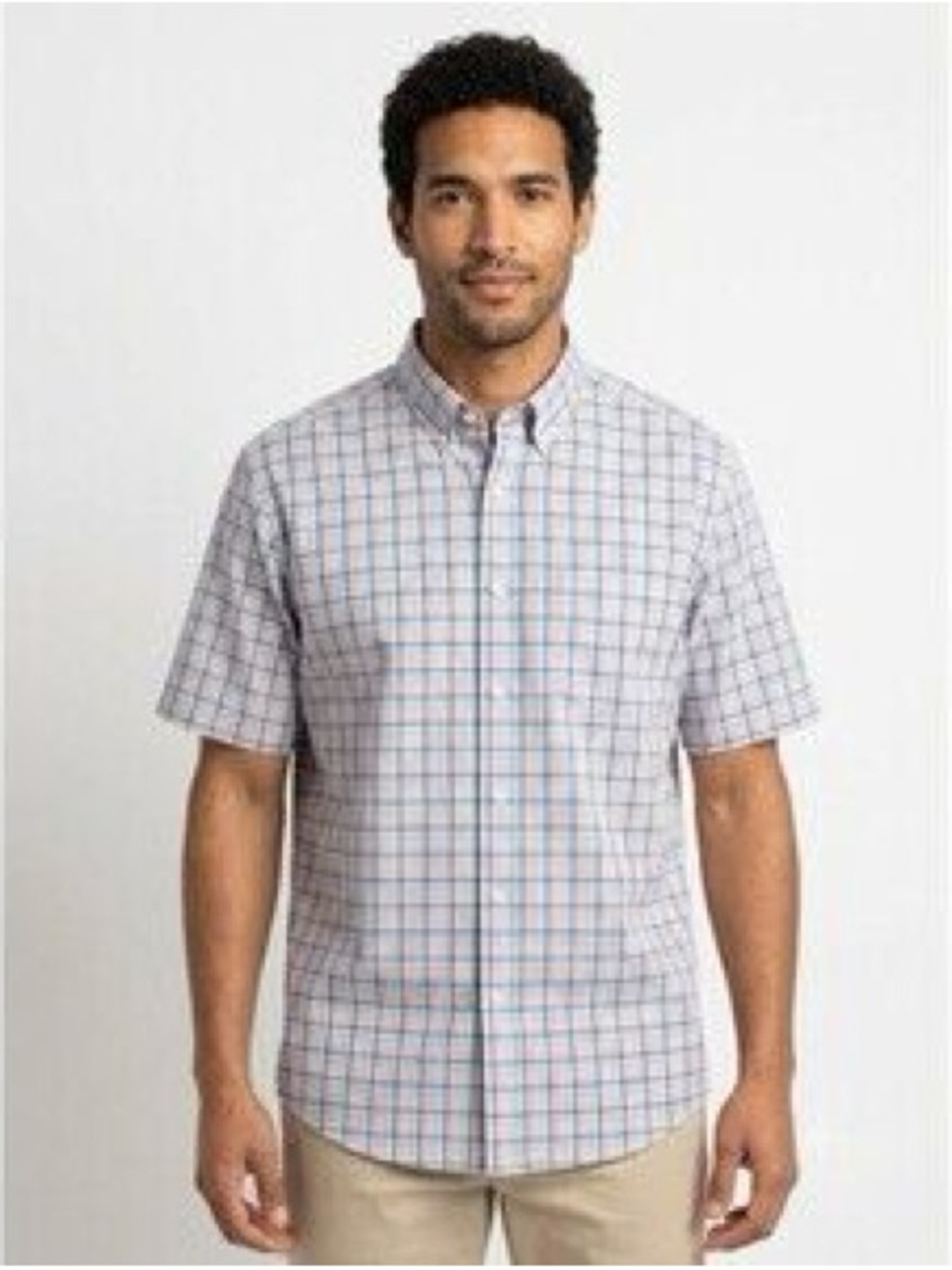 Mason White and Blue Short-Sleeve Check Button-Down Shirt